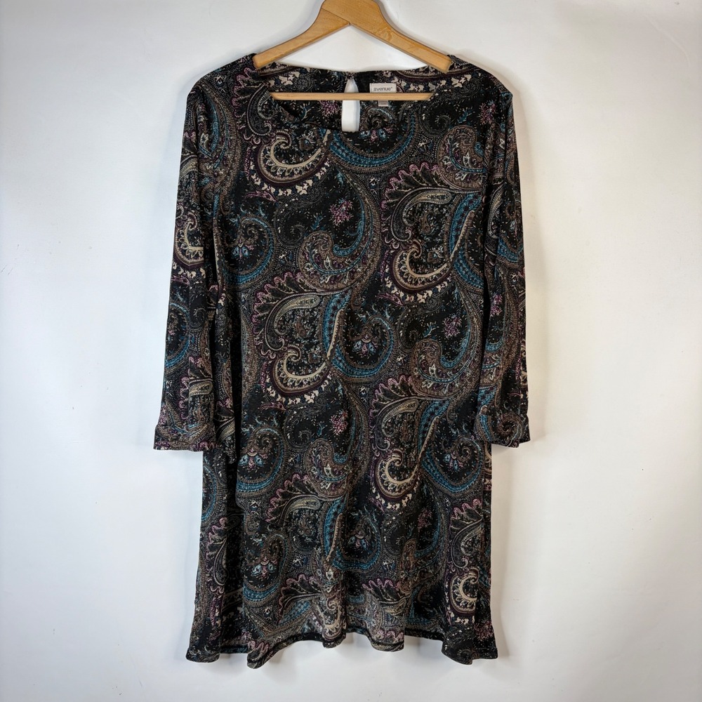 Avenue Tunic Top Women 22/24 Black Paisley 3/4 Sleeve Keyhole Back Plus Size